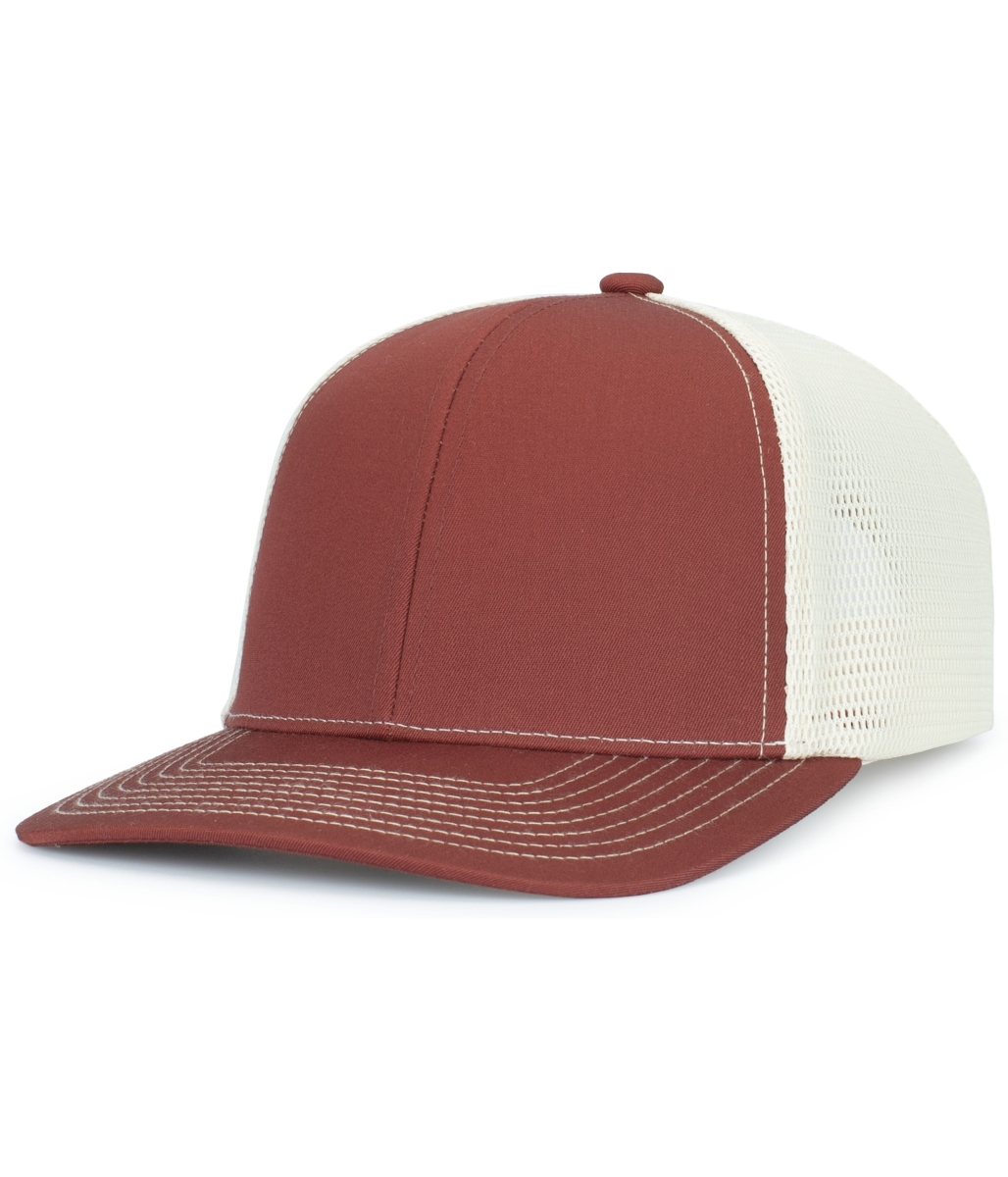 P151S.386.OS Contrast Stitch Trucker PacFlex Snapback Cap, Brick & Beige - One Size