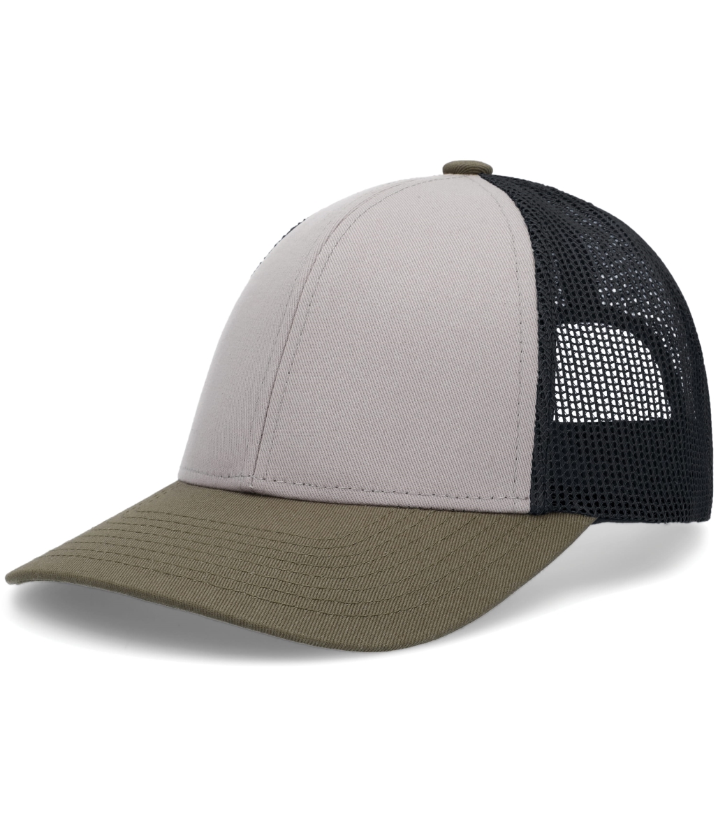 P114.46R.OS Low-Pro Trucker Cap, Heather Grey, Light Charcoal & Moss - One Size