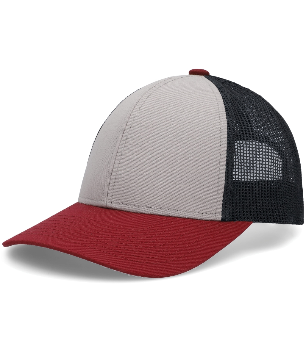 P114.49T.OS Low-Pro Trucker Cap, Heather Grey, Light Charcoal & Varsity Red - One Size