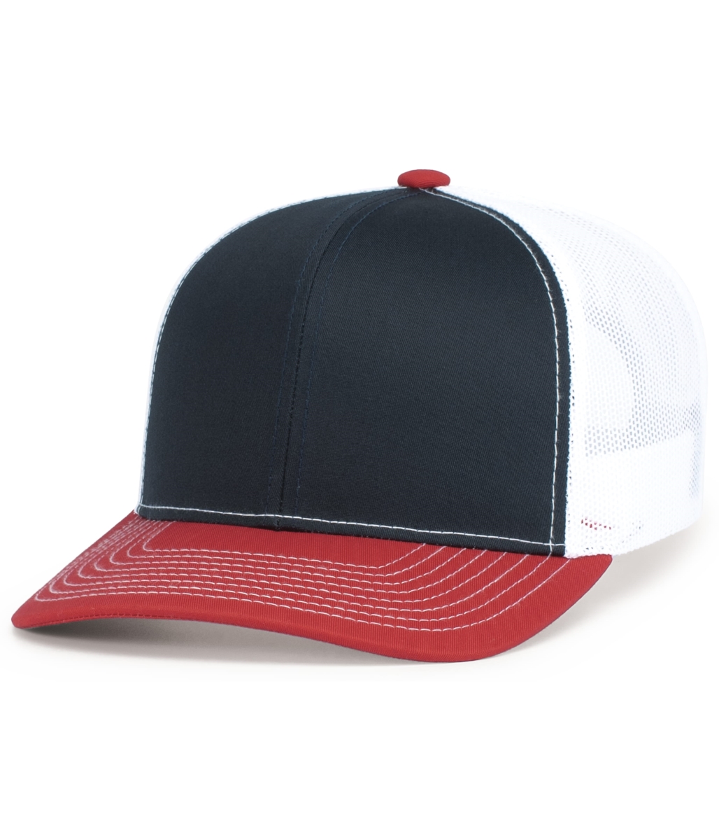 104S.118.OS Contrast Stitch Trucker Snapback Cap, Navy, White & Red - One Size
