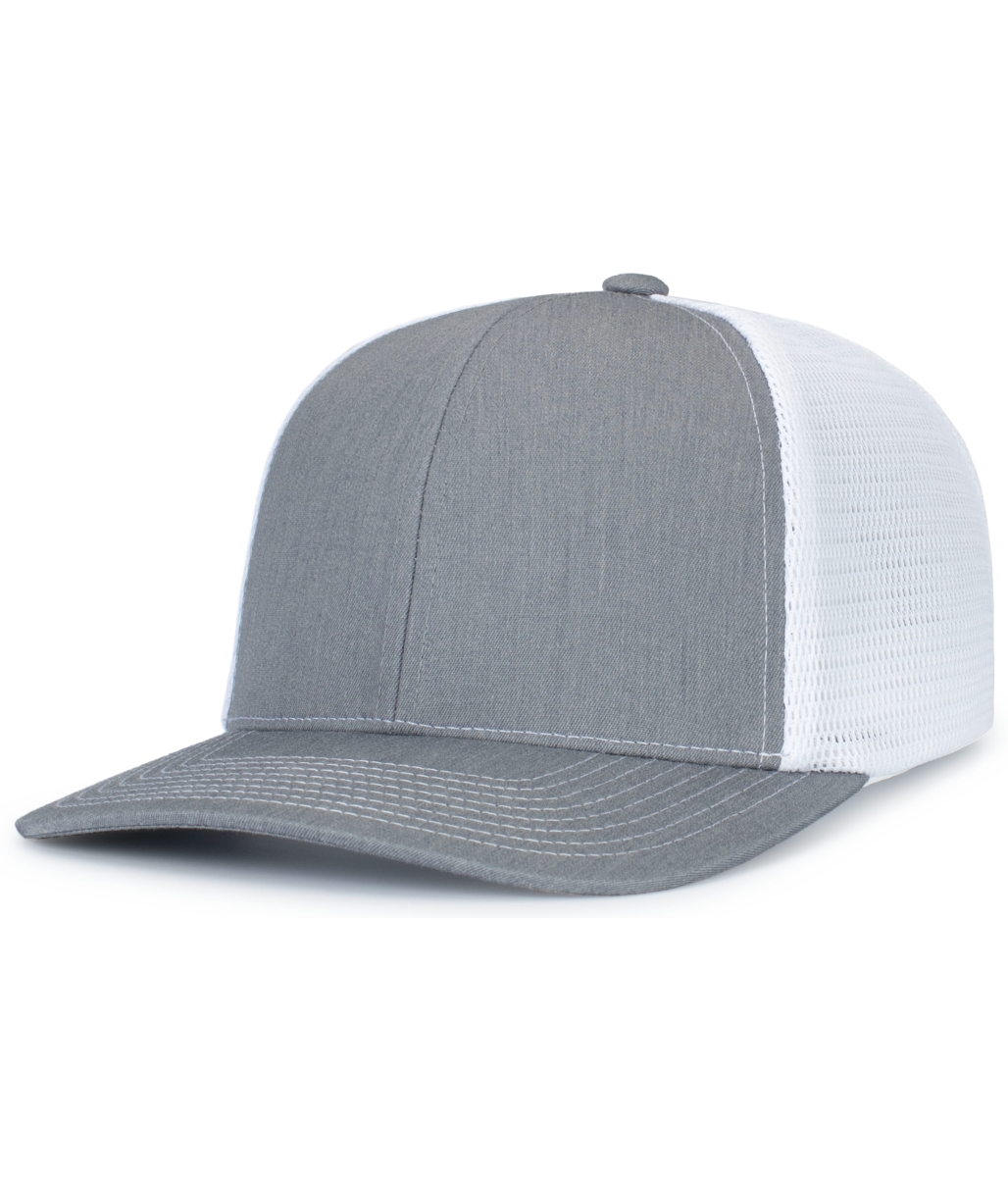 P151S.88S.OS Contrast Stitch Trucker PacFlex Snapback Cap, Heather Grey & White - One Size