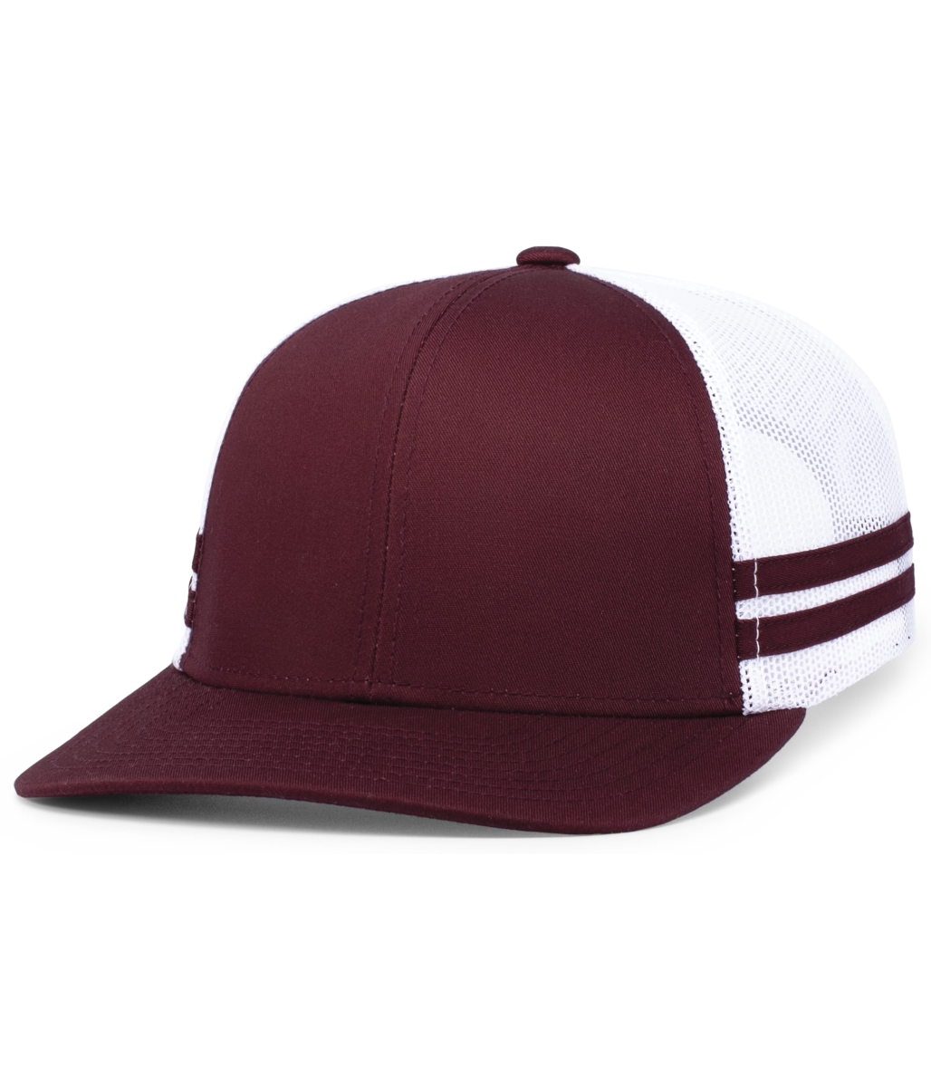 P115.381.OS Low-Profile Stripe Trucker Cap, Maroon & White - One Size