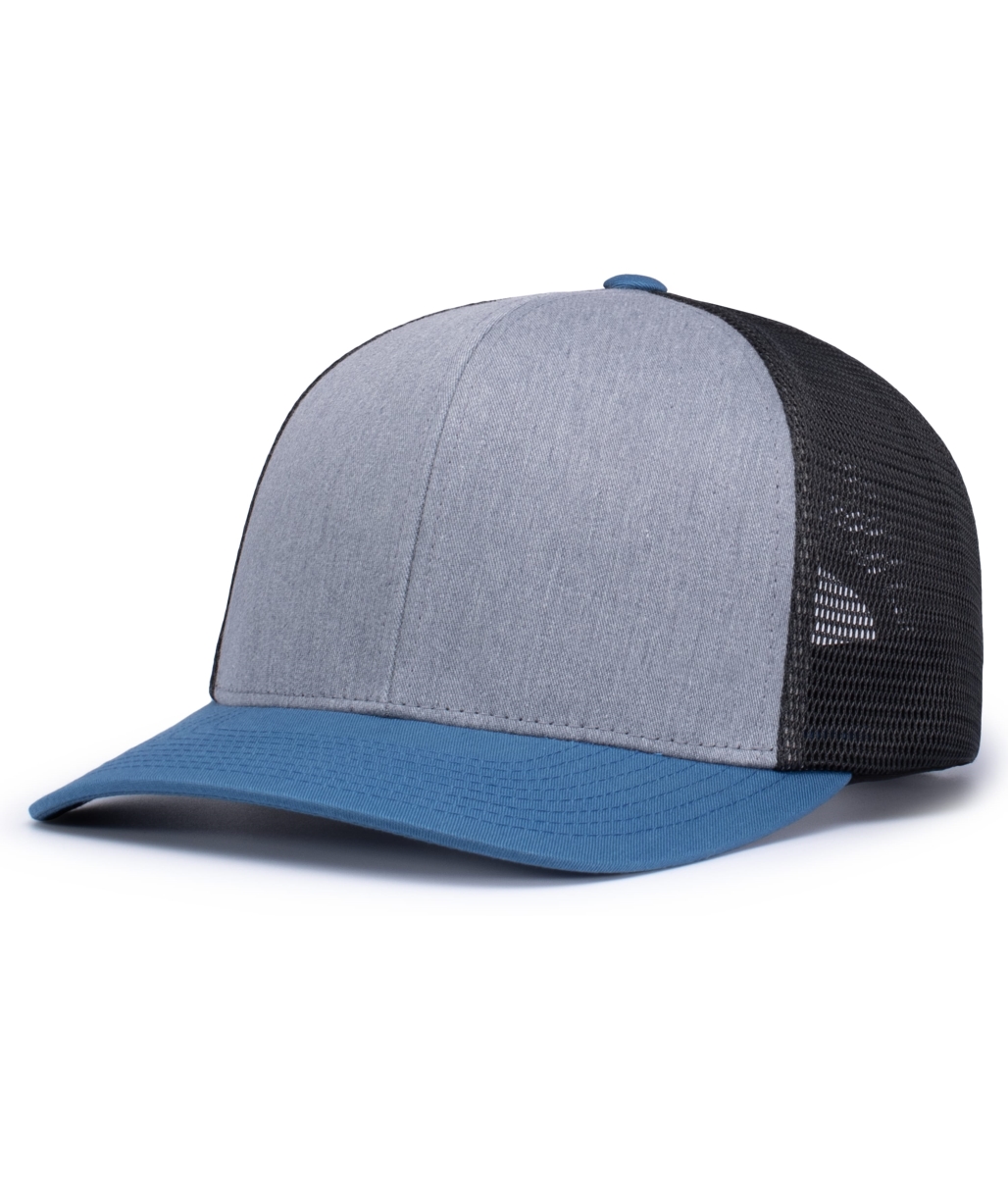 110F.36P.OS Trucker Flexfit Snapback Cap, Heather Grey, Light Charcoal & Ocean Blue - One Size