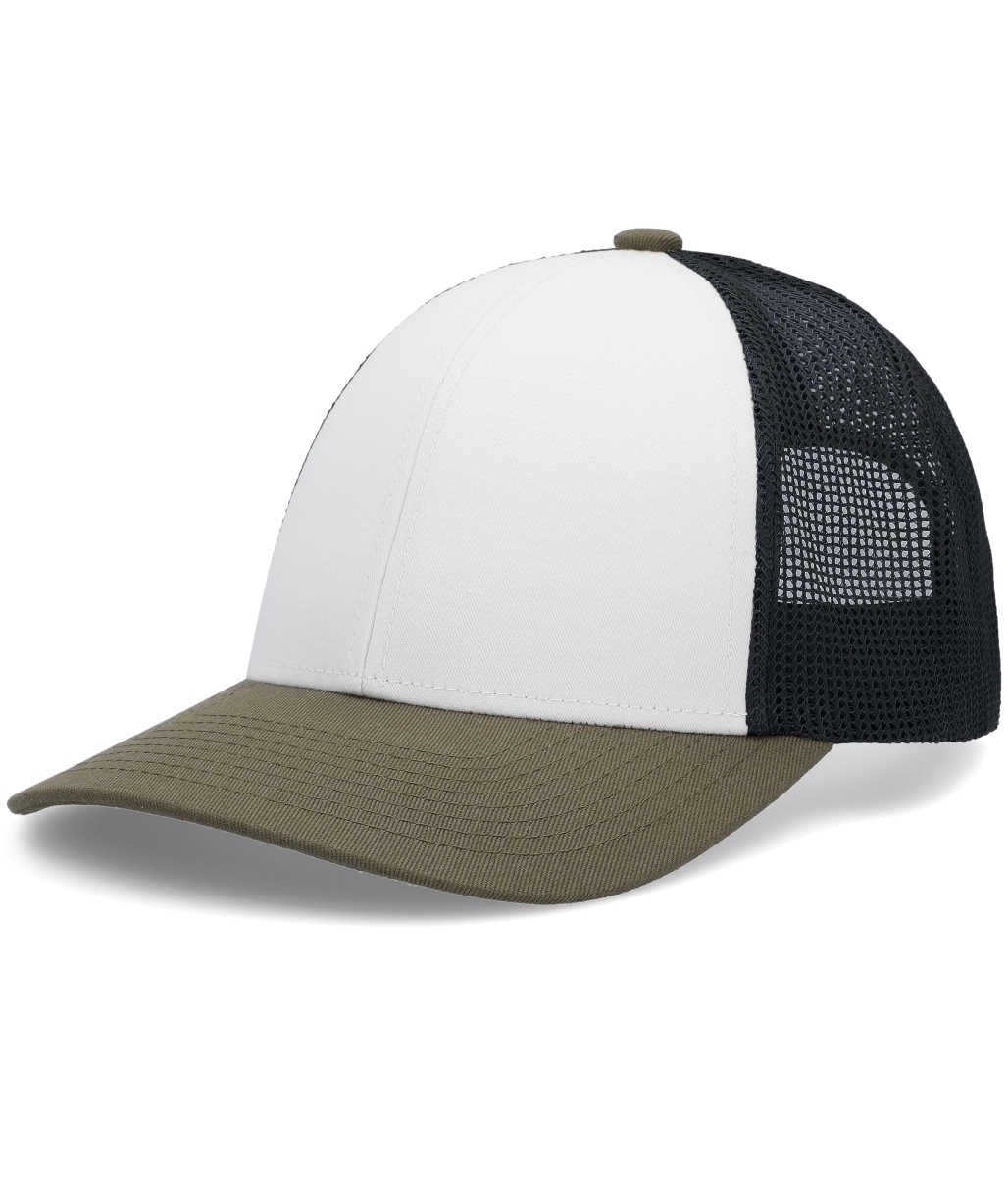 P114.50R.OS Low-Pro Trucker Cap, White, Light Charcoal & Moss - One Size
