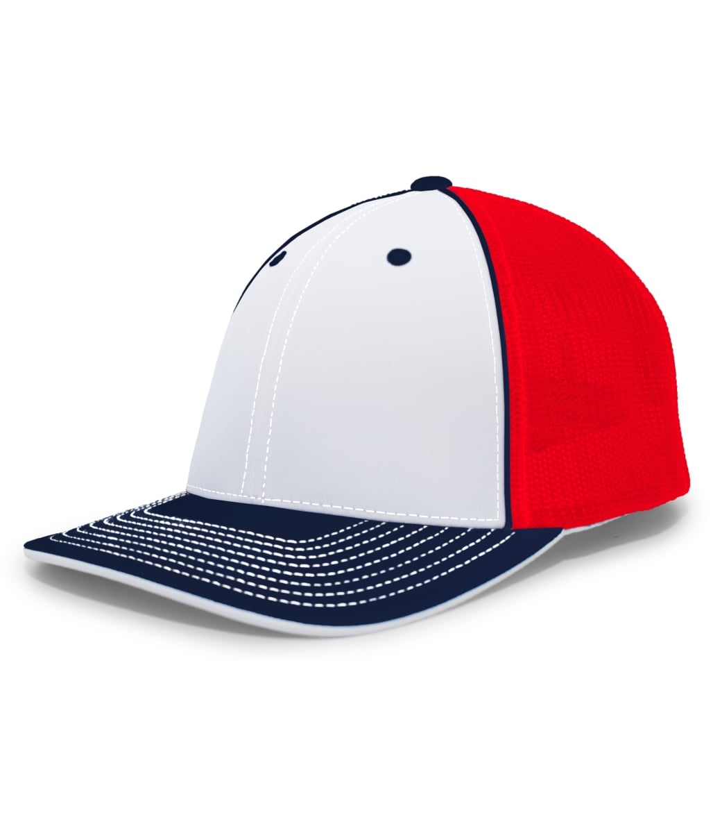 404F.58P.L-XL Trucker Flexfit Cap, White, Red & Navy - Large & Extra Large