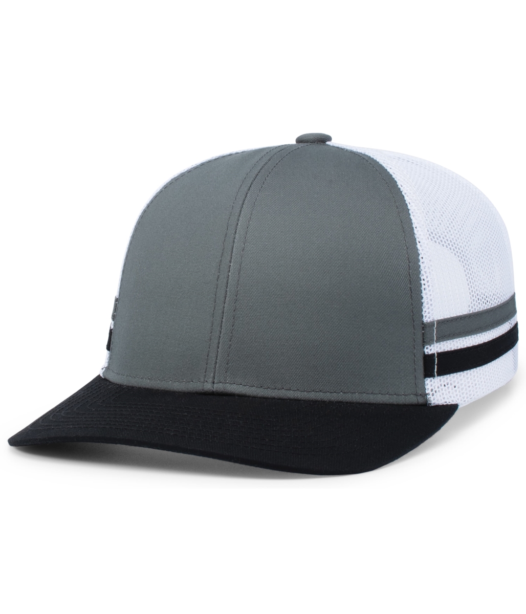 P115.196.OS Low-Profile Stripe Trucker Cap, Graphite, White & Black - One Size