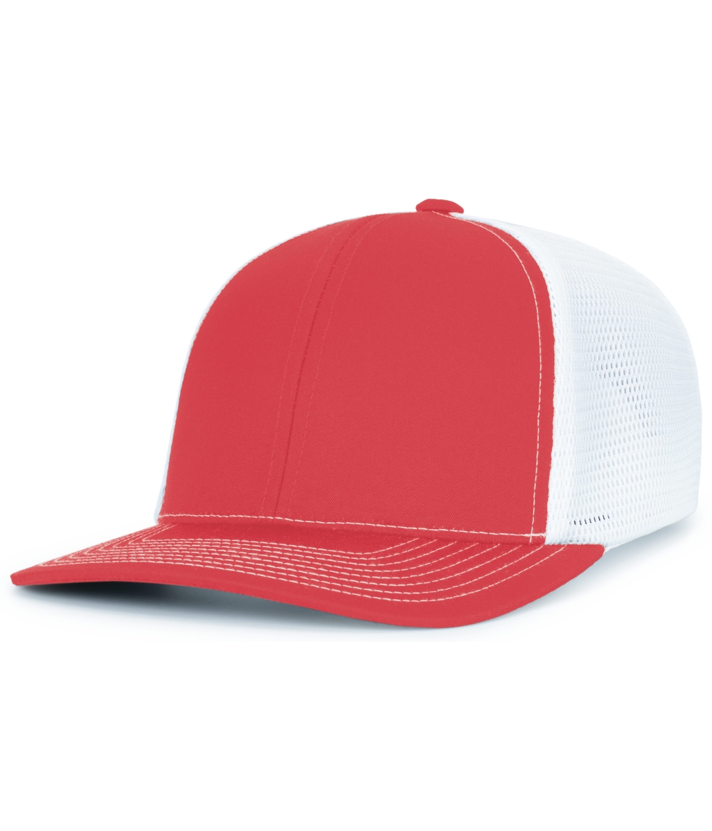 P151S.125.OS Contrast Stitch Trucker PacFlex Snapback Cap, Red & White - One Size