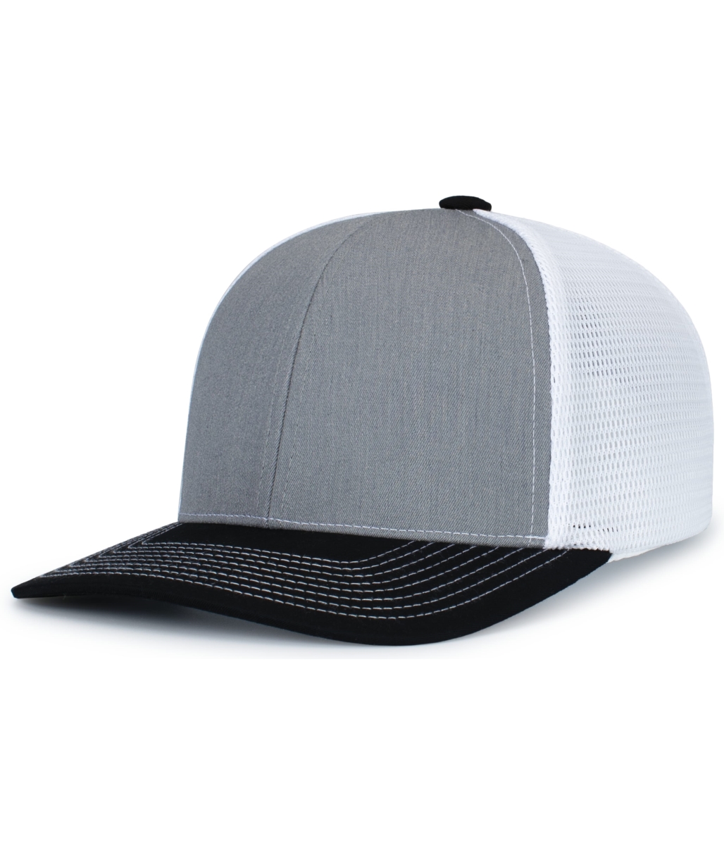 P151S.365.OS Contrast Stitch Trucker PacFlex Snapback Cap, Heather Grey, White & Black - One Size