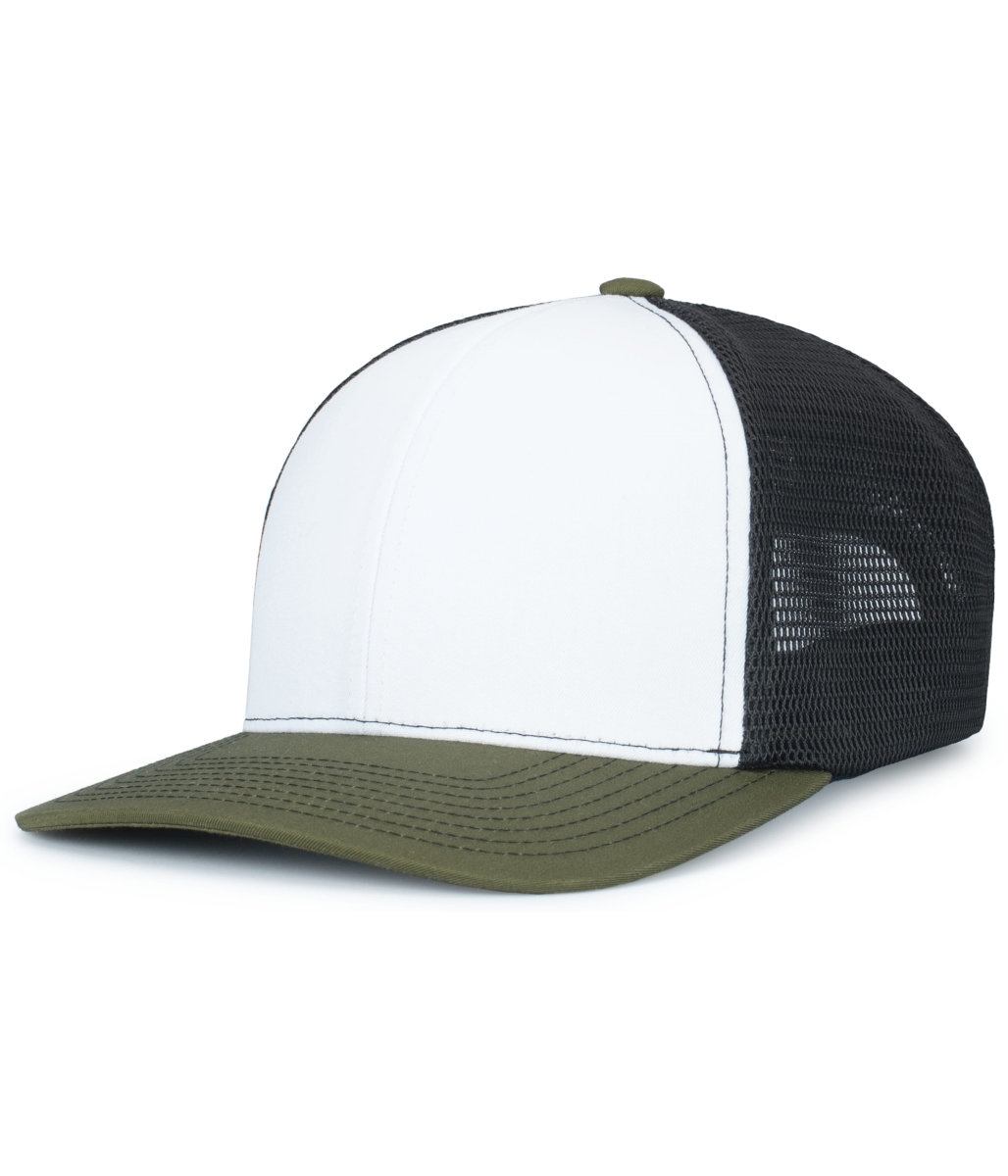 P151S.50R.OS Contrast Stitch Trucker PacFlex Snapback Cap, White, Light Charcoal & Moss - One Size