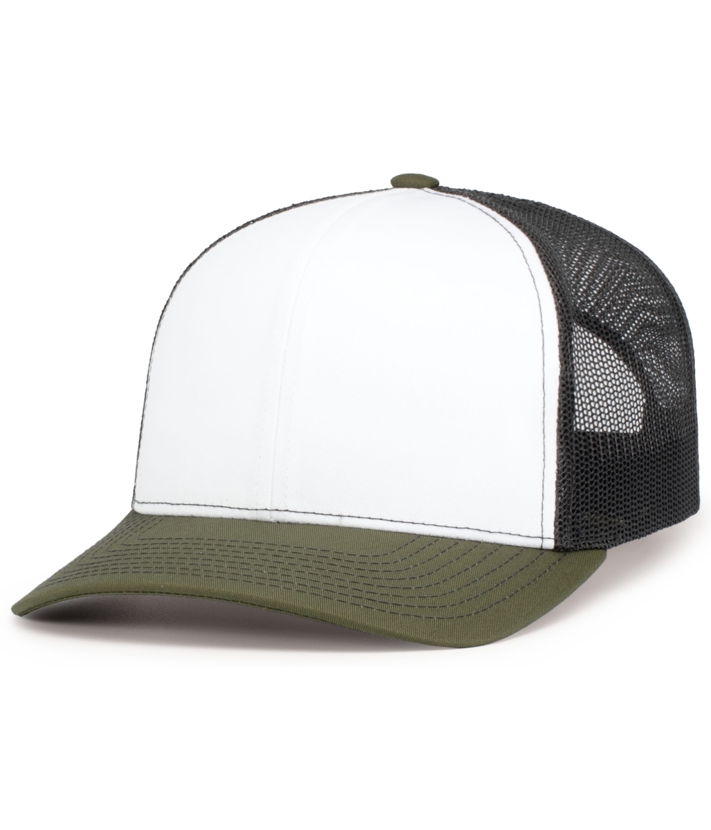 104S.50R.OS Contrast Stitch Trucker Snapback Cap, White, Light Charcoal & Moss - One Size