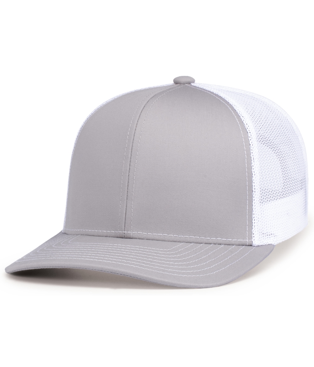 104S.79Q.OS Contrast Stitch Trucker Snapback Cap, Silver & White - One Size