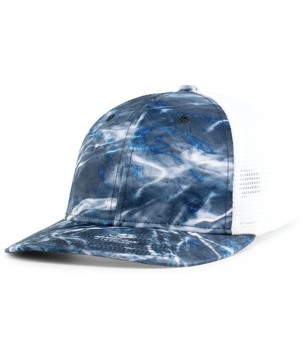 P691.PA3.S-M Mossy Oak Low-Profile Trucker PacFlex Cap, White & Elements Agua Blackfin - Small & Medium