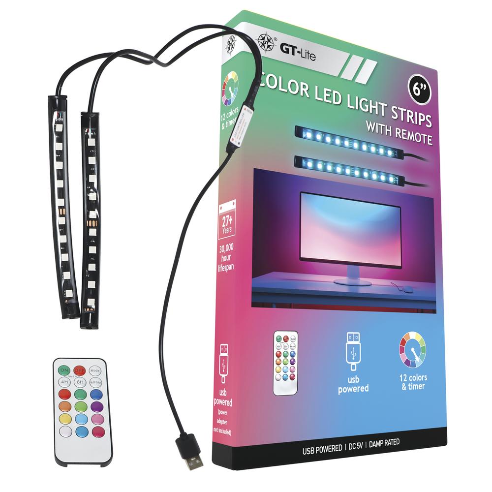 GT-LTP-BAR Color LED USB Light Bars with Remote, 2 Light Strips, Adhesive Tape