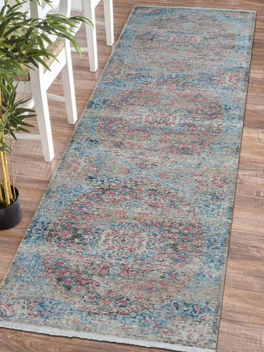 UBSM00089M0103G100 2 ft. 6 in. x 9 ft. 10 in. Machine Woven Crossweave Polyester Oriental Runner Rug, Beige & Blue -  Glitzy Rugs