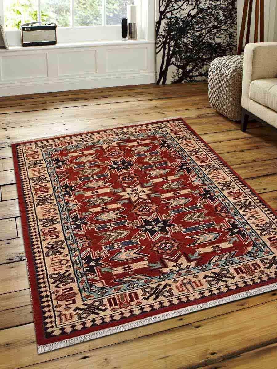 Picture of Glitzy Rugs UBSAF0107K2609A11 6 x 9 ft. Hand Knotted Afghan Wool & Silk Kazak Rectangle Area Rug&#44; Red & Cream