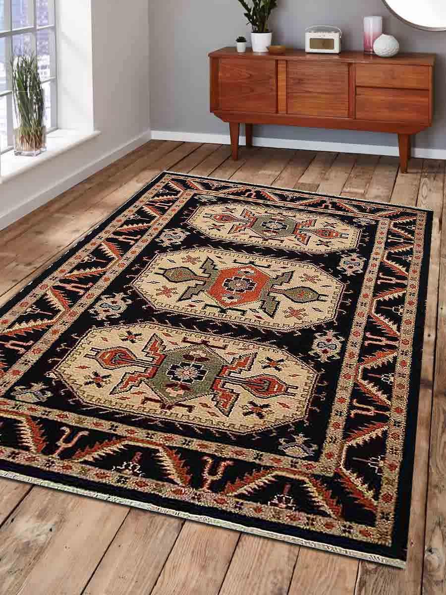 Picture of Glitzy Rugs UBSAF0109K0209A11 6 x 9 ft. Hand Knotted Afghan Wool & Silk Kazak Rectangle Area Rug&#44; Black & Cream