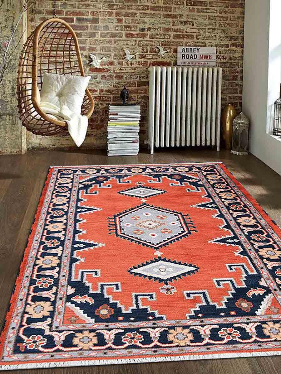 Picture of Glitzy Rugs UBSAF0112KY1538A17 9 x 12 ft. Hand Knotted Afghan Wool & Silk Kazak Rectangle Area Rug&#44; Dark Orange & Navy