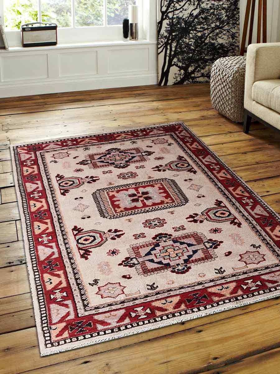 Picture of Glitzy Rugs UBSAF0115K0926A9 5 x 8 ft. Hand Knotted Afghan Wool & Silk Kazak Rectangle Area Rug&#44; Cream & Red