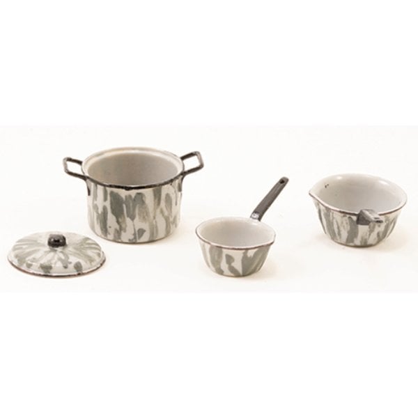 CAR0847 Pan Set with 3 Pans & 1 Lid for Dollhouse Miniature - Gray & White