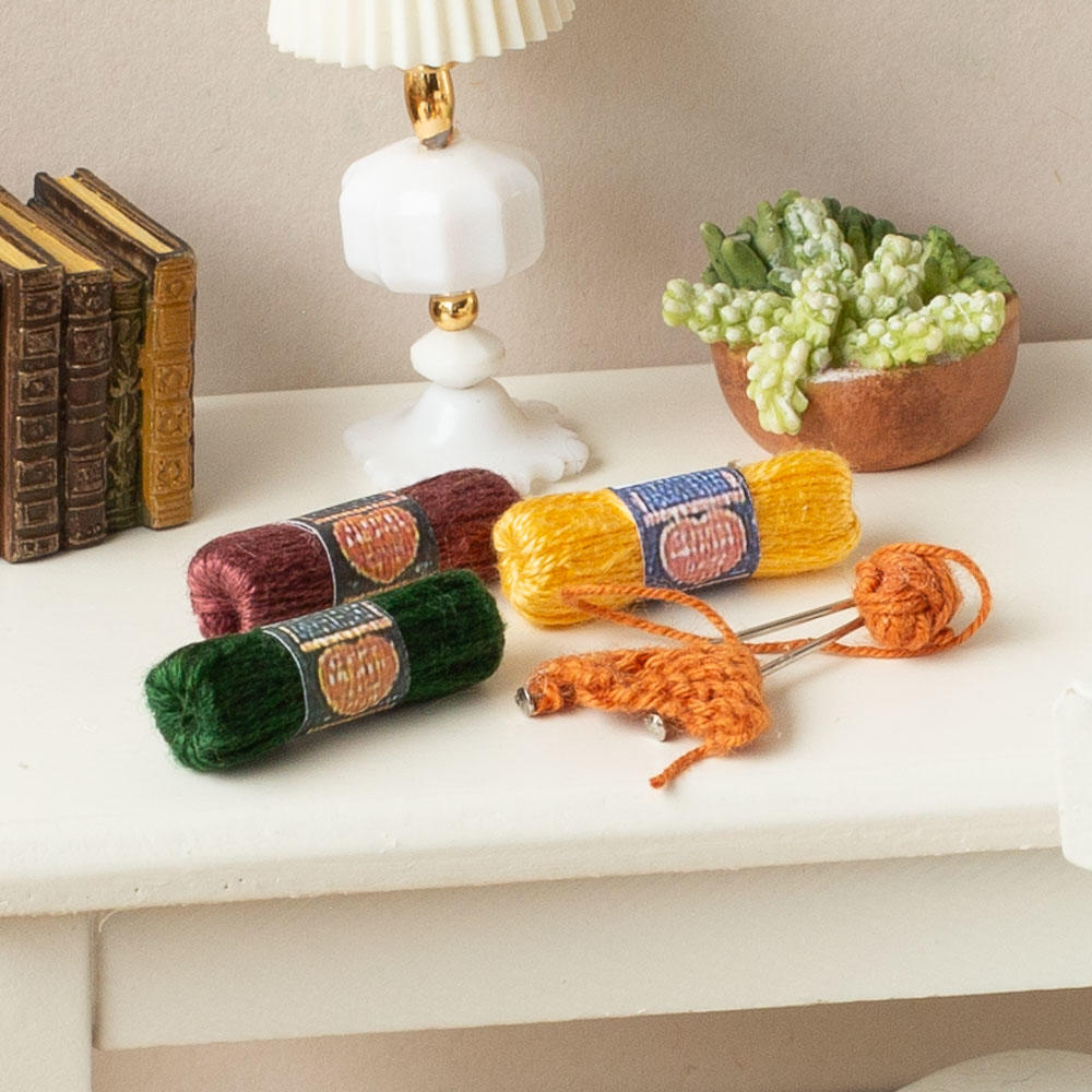 CAR1168 Dollhouse Miniature Knitting In Progress Assorted Set with 3 Skeins