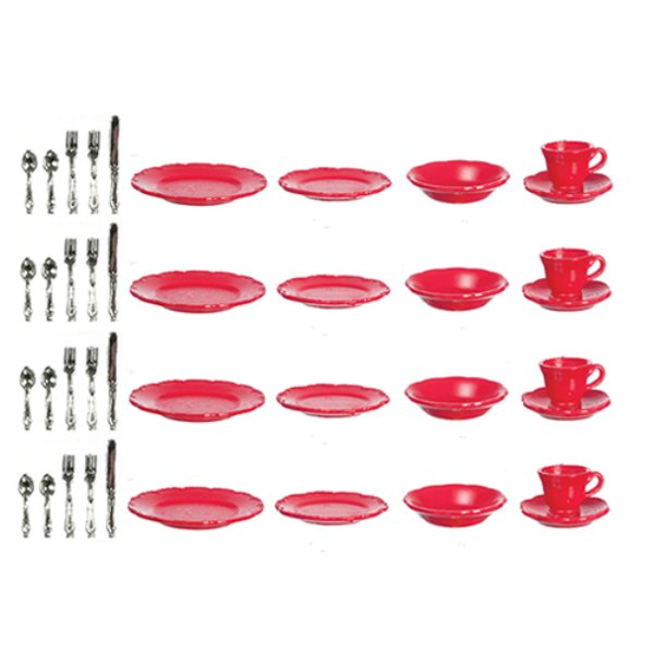 FR40316 Red Dishes & Cups with Silverware for Dollhouse Miniature - 40 Piece