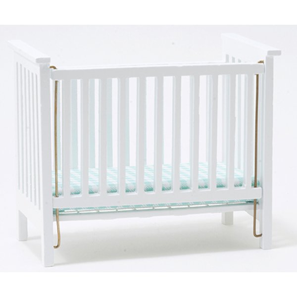 CLA10613 Slatted Nursery Crib for Dollhouse Miniature - White with Blue Pattern Fabric