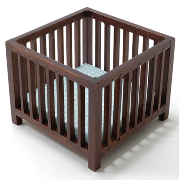 CLA10618 Slatted Play Pen for Dollhouse Miniature - Walnut with Blue Pattern Fabric