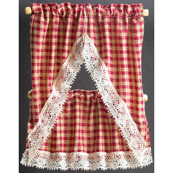 BB51606 Kitchen Curtains for Dollhouse Miniature - Country Red Check