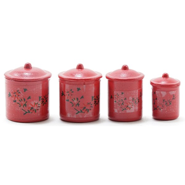 IM65331 Red Canister Set with Decals for Dollhouse Miniature - 4 Piece