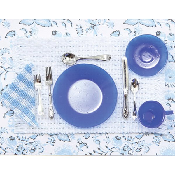 CB46 Place Setting for Dollhouse Miniature - Cobalt Blue - 8 Piece