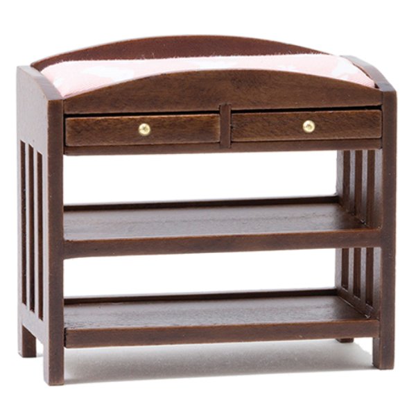 CLA10612 Slatted Changing Table for Dollhouse Miniature - Walnut with Pink Mattress