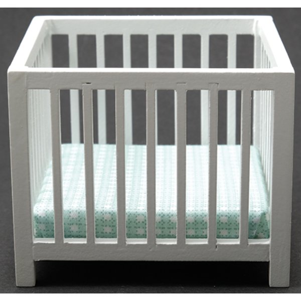 CLA10614 Slatted Play Pen for Dollhouse Miniature - White with Blue Pattern Fabric