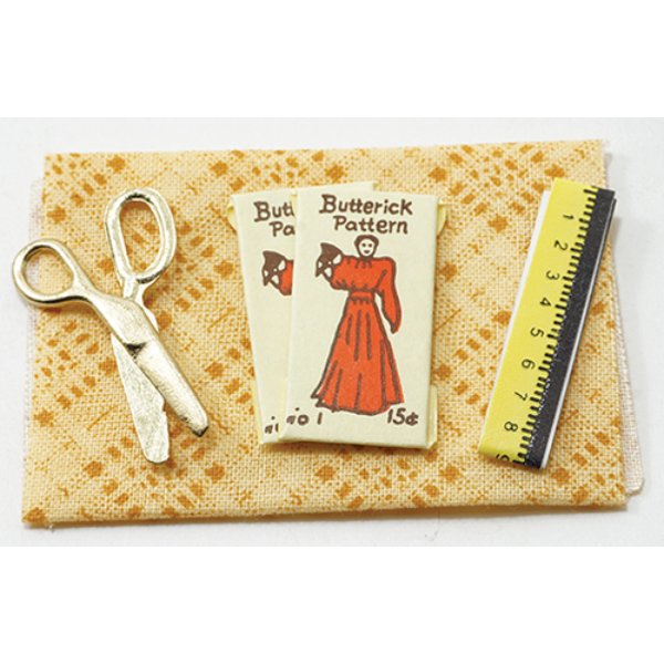 IM65202 Fabric, Measuring Tape, Pattern & Scissors for Dollhouse Miniature - Golden Yellow