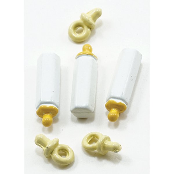 IM65497 Yellow Baby Bottles & Pacifiers Set for Dollhouse Miniature - 6 Piece