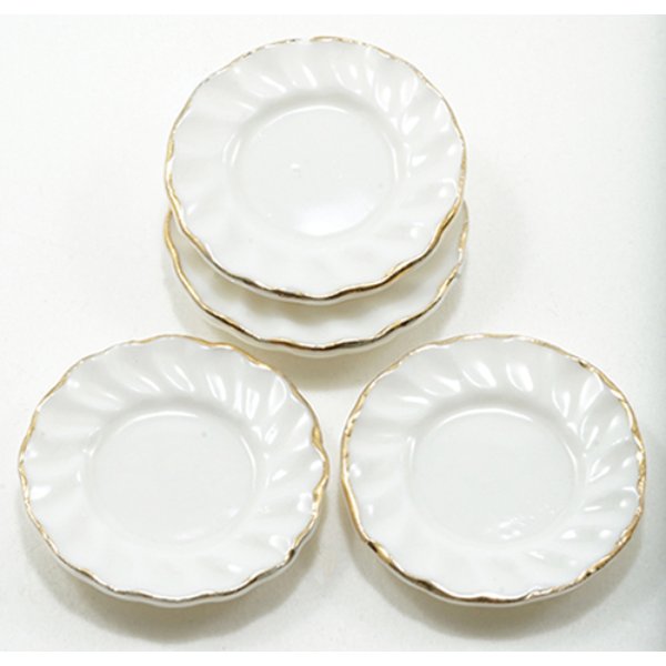 IM65638 Gold Edge White Fluted Plates for Dollhouse Miniature - 4 Piece