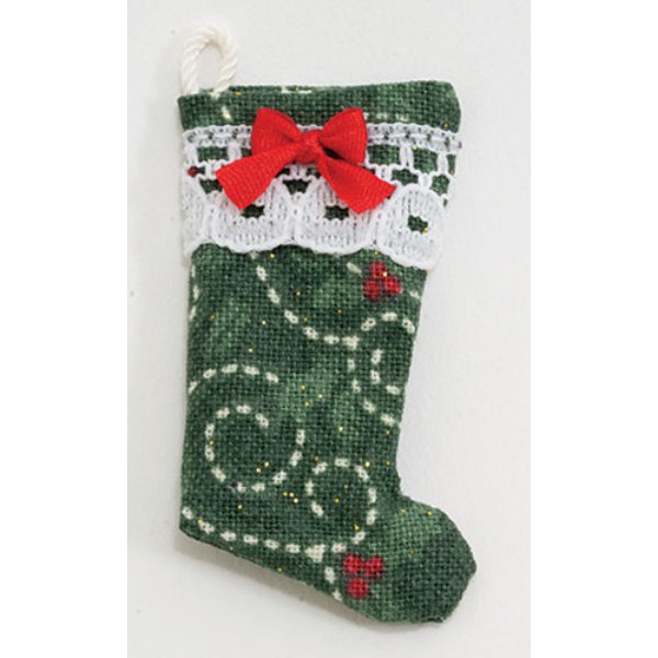 BB90017 Stocking for Dollhouse Miniature - Green Christmas Hearts Pattern with Lace & Bow
