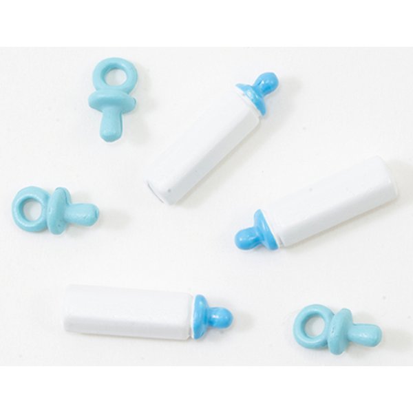 IM65496 Blue Baby Bottles & Pacifiers Set for Dollhouse Miniature - 6 Piece