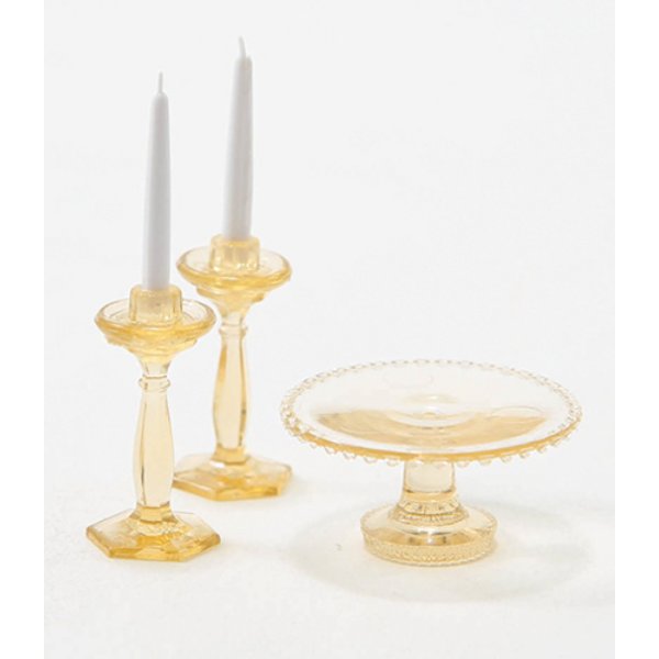 CB70A Cake Plate with 2 Candlesticks for Dollhouse Miniature - Amber