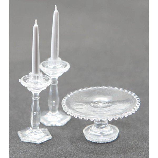CB70C Cake Plate with 2 Candlesticks for Dollhouse Miniature - Clear