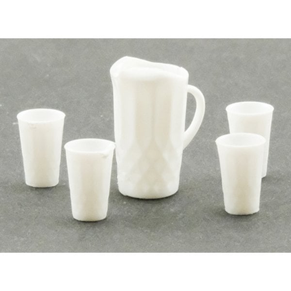 CB88W Pitcher with 4 Glasses for Dollhouse Miniature - White
