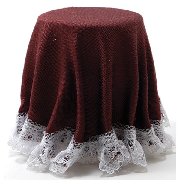 CB173B Skirted Table for Dollhouse Miniature - Burgundy with White Lace Trim