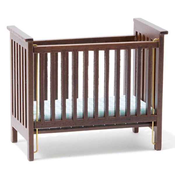 CLA10617 Slatted Nursery Crib for Dollhouse Miniature - Walnut with Blue Pattern Fabric