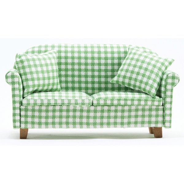 CLA10777   Style Legs Sofa with Pillows for Dollhouse Miniature - Green & White Checked