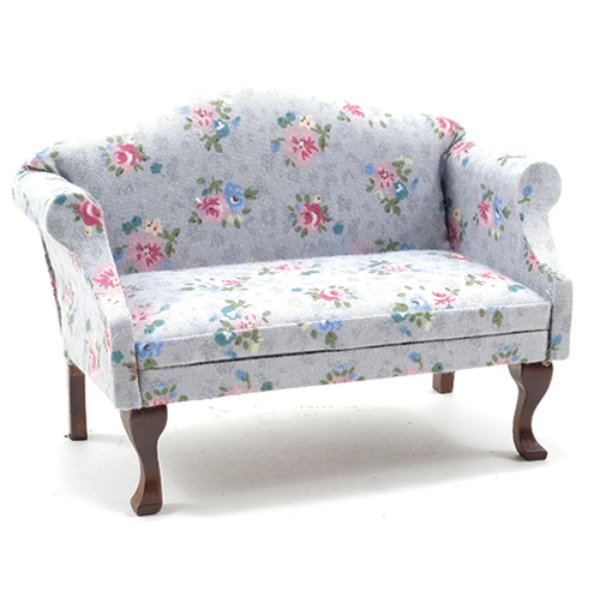 CLA10996 Sofa for Dollhouse Miniature - Walnut with Gray Floral Fabric