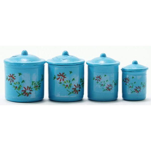 IM65302 Blue Canister Set with Decals for Dollhouse Miniature - 4 Piece