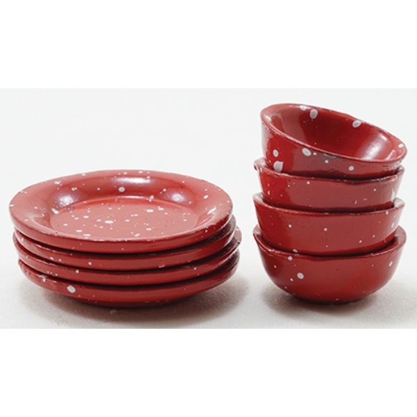 IM65305 Red Enamelware Dishes for Dollhouse Miniature - 8 Piece