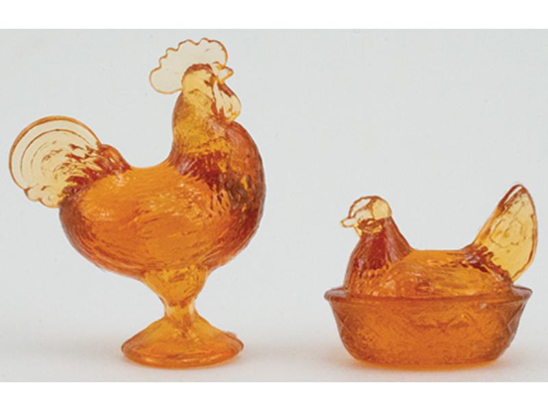 CB152A Rooster & Hen Figurines for Dollhouse Miniatures, Amber