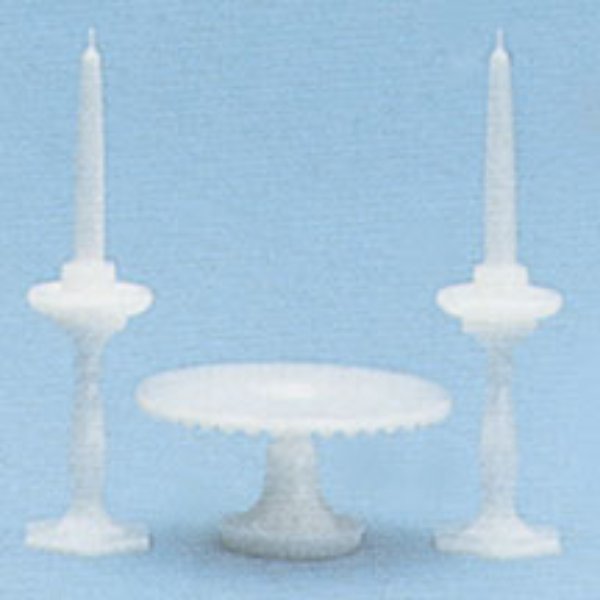 CB2207 M-70W Cake Plate & Candlesticks Mini Kit for Dollhouse Miniature - White