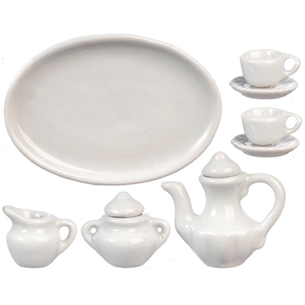 AZG7557 Ceramic Tea Set for Dollhouse Miniatures - White - 10 Piece