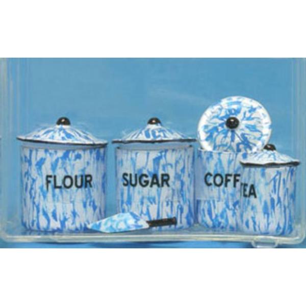 CAR0836 Flour Sugar Coffee & Tea Canister Set with Scoop Kitchen Storage for Dollhouse Miniature, Flow Blue